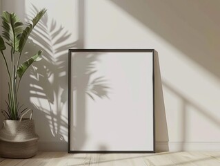 Frame mockup, interior background, 3d render, Scandinavian interior design, Black frame mockup with shadows of leaves on a beige wall in the background.