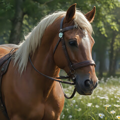 Obraz premium a brown horse with a bridle standing in a field