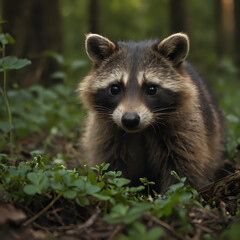 Obraz premium a raccoon that is standing in the grass