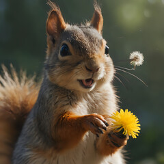 Obraz premium a squirrel that is holding a dandelion in its hand