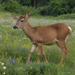 Fototapeta premium a deer that is standing in the grass with flowers