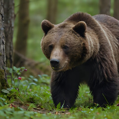 Fototapeta premium a brown bear walking through the woods in the grass