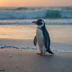 Fototapeta premium a penguin standing on the beach at sunset with waves in the background