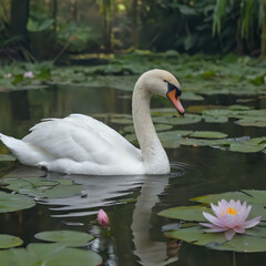 Naklejka premium a white swan swimming in a pond with lily pads