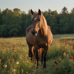 a horse standing in a field of flowers in the sun