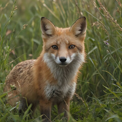 Obraz premium a fox that is standing in the grass looking at the camera