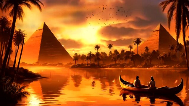 Traditional canoe in the river, with pyramid at sunser