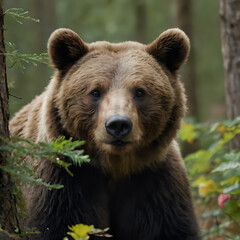 a brown bear that is standing in the woods