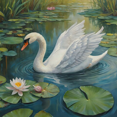 Fototapeta premium painting of a swan in a pond with lily pads and water lillies