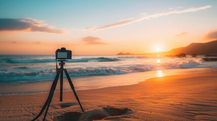 A camera is perched on a tripod, capturing the fluidity of water meeting the sky at the beach....