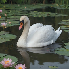 Fototapeta premium a white swan swimming in a pond with lily pads