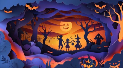 A 3D papercut Halloween scene, featuring kids in festive costumes