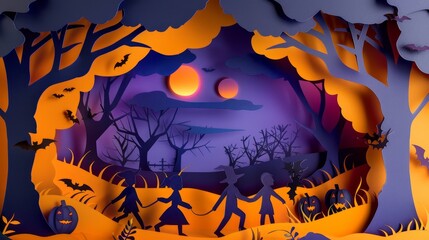 A 3D papercut Halloween scene, featuring kids in festive costumes