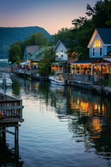 Obraz premium A serene waterfront shopping area, with shops overlooking the water and boats docked nearby, Generative AI