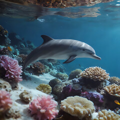 dolphin swimming in the ocean with corals and other marine life