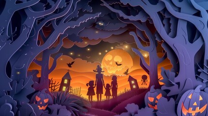 A modern Halloween scene with kids, bordered by 3D papercut art
