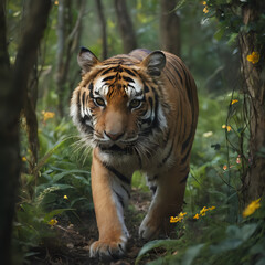 Obraz premium a tiger walking through the woods with yellow flowers
