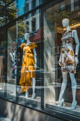 A trendy fashion district, with stylish storefronts and mannequins displaying the latest trends, Generative AI