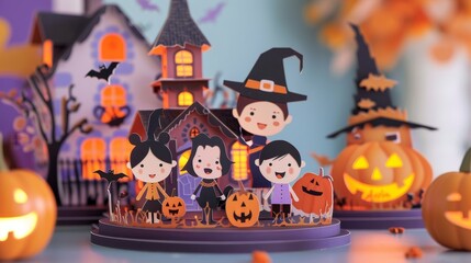 Modern Halloween layout with a 3D papercut border and happy kids