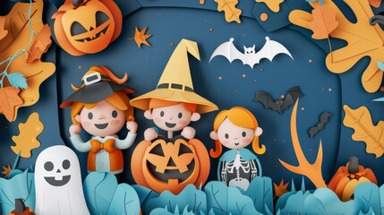 Modern Halloween layout with a 3D papercut border and happy kids