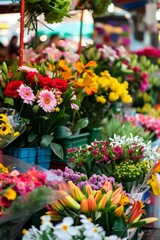 A vibrant flower market, with stalls overflowing with colorful blooms and fragrant scents, Generative AI