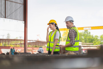 Caucasian engineer and worker in hardhats discussing on construction site, Engineer and female...