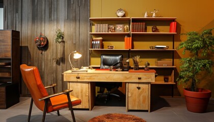 Fototapeta premium Retro home office with orange accents. There is a desk, a chair, a bookshelf, a rug and some plants.