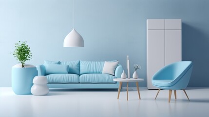 Scandinavian living room. Blue walls, sofa and armchair. White coffee table and floor lamp. Potted plant in the corner.