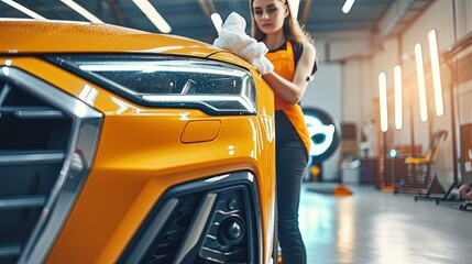 Photo of a young Caucasian woman washing car. Soapy hands leave behind a trail of cleanliness, transforming the car into a shining beauty. - Powered by Adobe