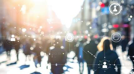 A crowd of people on the street and a facial recognition camera running it. Surveillance and information collection. Facial recognition camera optimizing public safety.