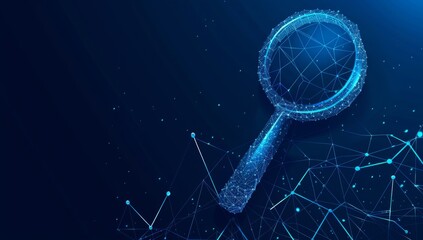 Blue magnifying glass with graph and arrow up, in a low poly style on a dark blue background for business analytics or analysis of data in a digital technology concept Generative AI