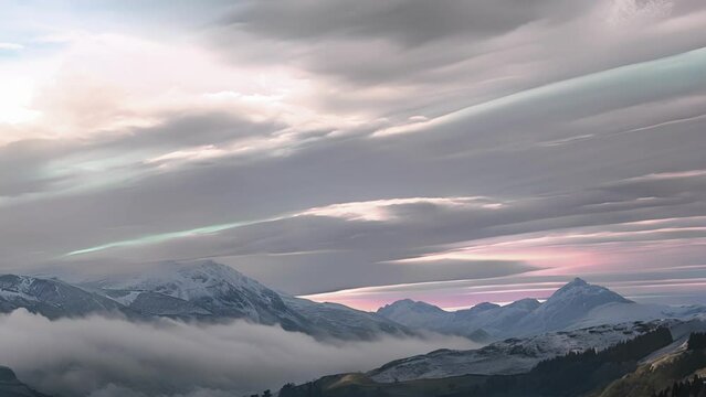 A surreal sky filled with billowing stratospheric clouds blanketing the soaring mountaintops.