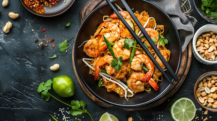 authentic pad thai noodles with shrimp and peanuts served on a black table with chopsticks, garnished with a lemon and served in a white bowl