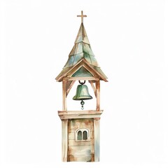 Watercolor illustration of a church steeple with a bell clipart