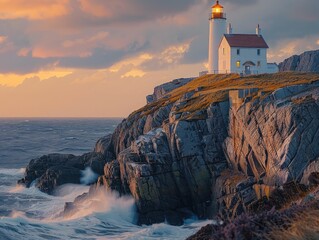 Capturing the Essence of Coastal Lighthouses - Guiding Light and Solitude - Coastal and Iconic - Panoramic shots of majestic lighthouses perched on rocky cliffs, standing as beacons of hope and safety
