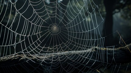 A close-up of a black spider's intricate web, dew-covered and shimmering against a dark, shadowy forest backdrop. 32k, full ultra HD, high resolution