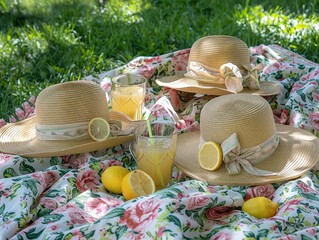 Garden Party Delights: Floral Dresses, Sun Hats, Lemonade, and Picnic Blankets - Elegance and Sunshine - Whimsical and Charming - Close-up shots of floral dresses, sun hats adorned with ribbons