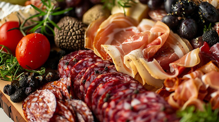 deluxe charcuterie board with foie gras and truffles, accompanied by a red tomato and a brown pineapple