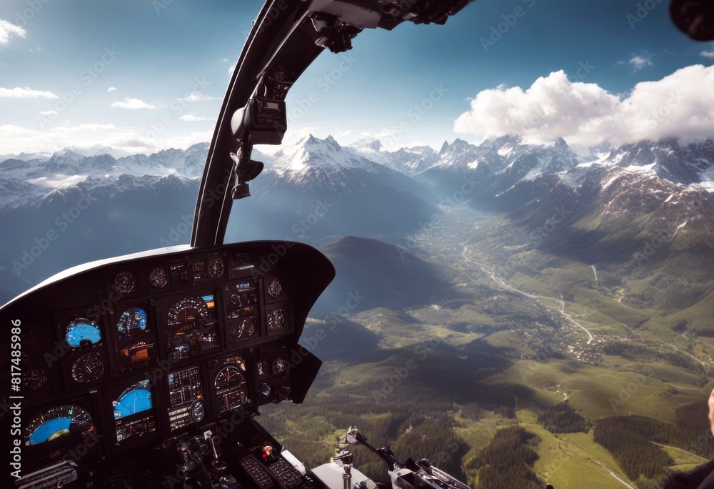 Wall mural 'cockpit helicopter mountain sky flying cloudy cabin landscape arm pilot driving alps aerial spectac