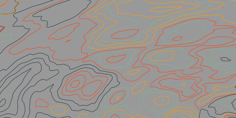 Topographic map backdrop. Conditional geography scheme and the terrain path. Topographic line pattern, map landscape background above view. Vector abstract.