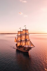 Obraz premium Golden Horizon. Sailing ship in the open sea at sunset.