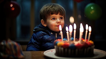 Little boy looks on birthday cake making wish. His eager anticipation shines alongside the cake's glow