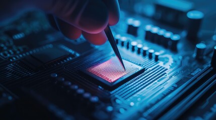 Close-up view of a Installing the processor into the motherboard with tweezers. Laptop repair and improvement. Detailed photos of processor installation using tweezers.