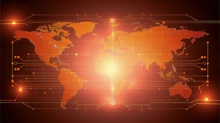 A glowing digital world map overlays a dark, intricate circuit board, symbolizing global connectivity and technology. Globe aglow, tech's embrace.