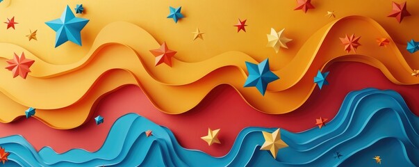 A colorful background with a wavy pattern and star shapes in various bright colors. - Powered by Adobe