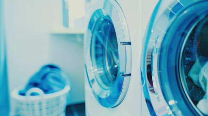 Laundry basket with towels and clothes on the background of a washing machine in the bathroom. Tidy pile of freshly washed laundry, a satisfying sight