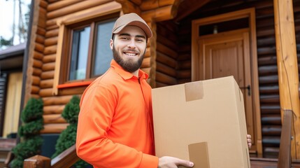 Delivery service. Young Caucasian man with a parcel next your door. Swift and diligent, he carries parcels with care.