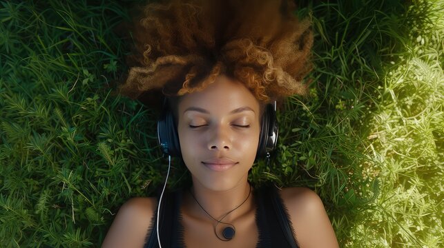 Woman listening to music lying on grass. Lost in melodies, she basks in the sun, finding serenity on the grass