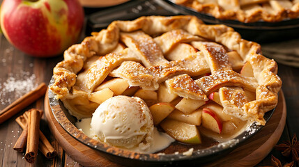 homemade apple pie with flaky crust and cinnamon sticks on a wooden table, accompanied by a red apple and a black bowl