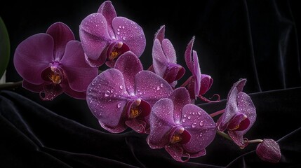 A collection of exotic dark purple orchids with dew drops on their petals, highlighted against a...